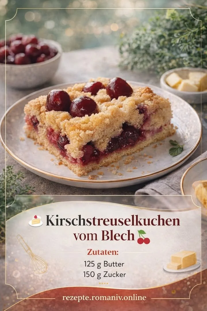 Kirschstreuselkuchen vom Blech mit frischen Kirschen und knusprigen Streuseln.
