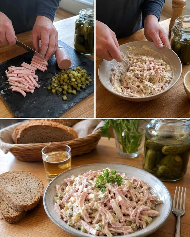 Klassischer Fleischsalat mit Fleisch, Gemüse und würziger Sauce auf einem Teller