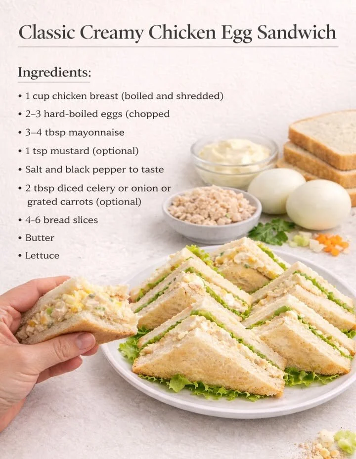 Klassisches cremiges Hühnchen-Ei-Sandwich mit frischen Zutaten serviert.