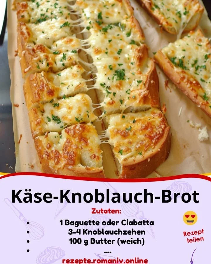 Leckeres Knoblauch-Käse-Brot frisch gebacken auf einem Holzbrett