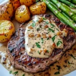 Knoblauch-Parmesan-Creme-Steak mit gerösteten neuen Kartoffeln und Spargel