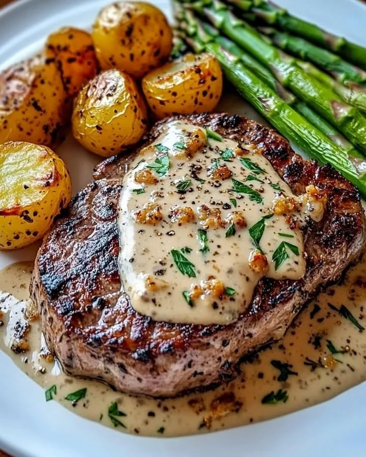 Knoblauch-Parmesan-Creme-Steak mit gerösteten neuen Kartoffeln und Spargel