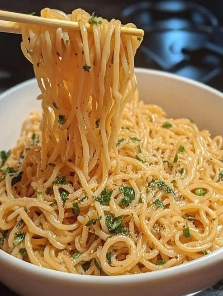 Ein Teller mit Knoblauch Spaghetti, garniert mit frischen Kräutern.