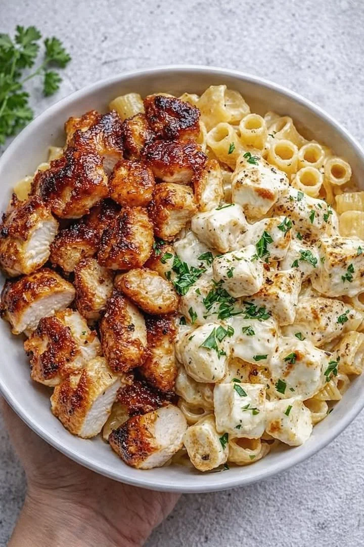 Köstliches Knoblauchbutter-Hähnchen serviert mit cremiger Parmesan-Pasta