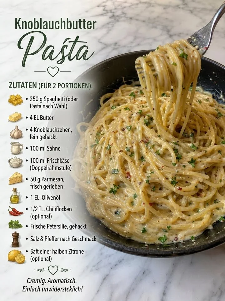Deliziosa Knoblauchbutter-Kräuter-Pasta auf einem Teller serviert.