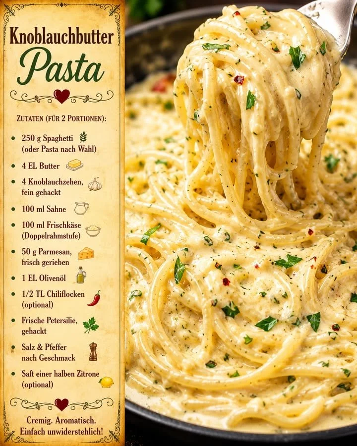 Leckere Knoblauchbutter Pasta mit frischen Kräutern zubereitet