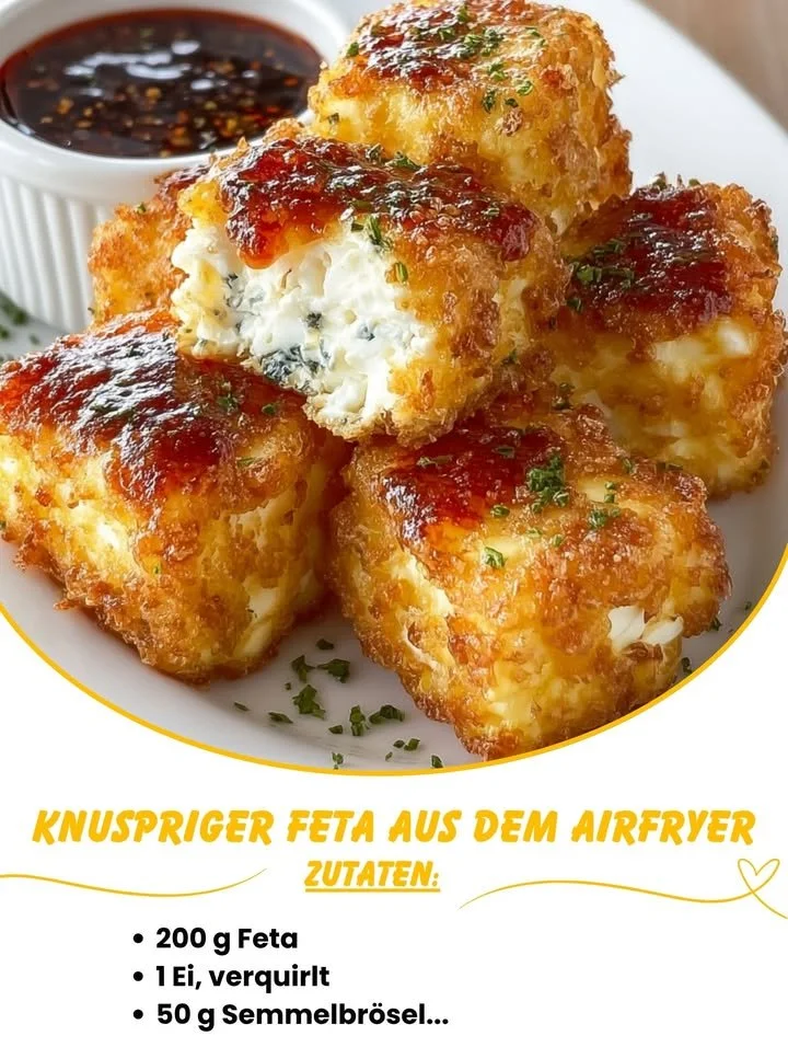 Knuspriger Feta aus dem Airfryer auf einem Teller serviert