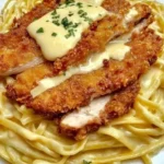 Knuspriges Hähnchen auf einem Teller mit cremiger Pasta