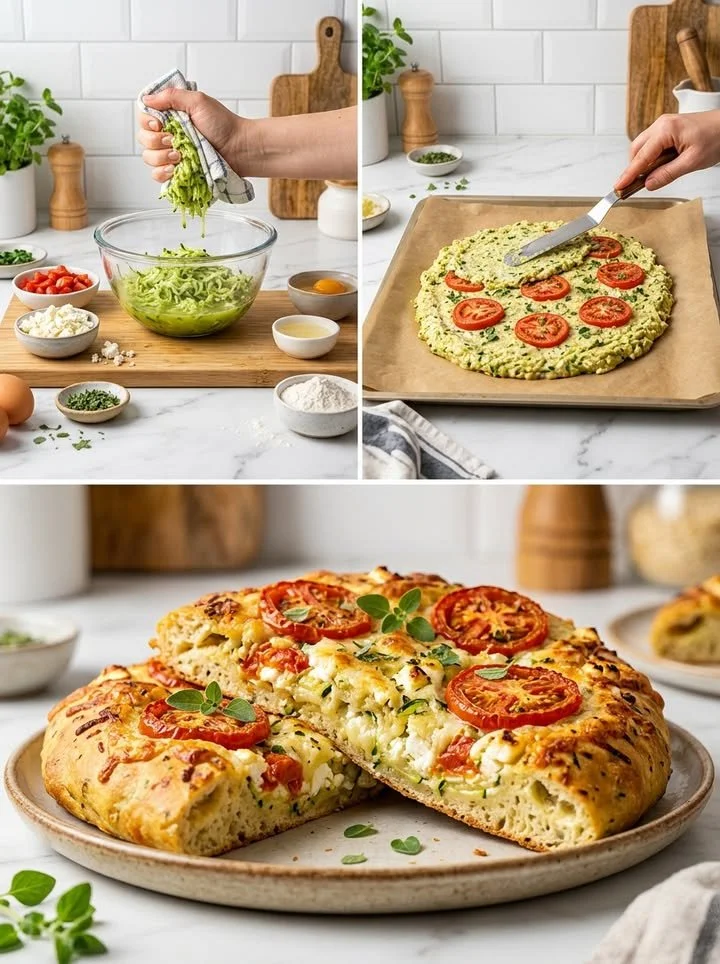 Knuspriges Zucchini-Fladenbrot mit Feta und Tomaten auf einem Teller.