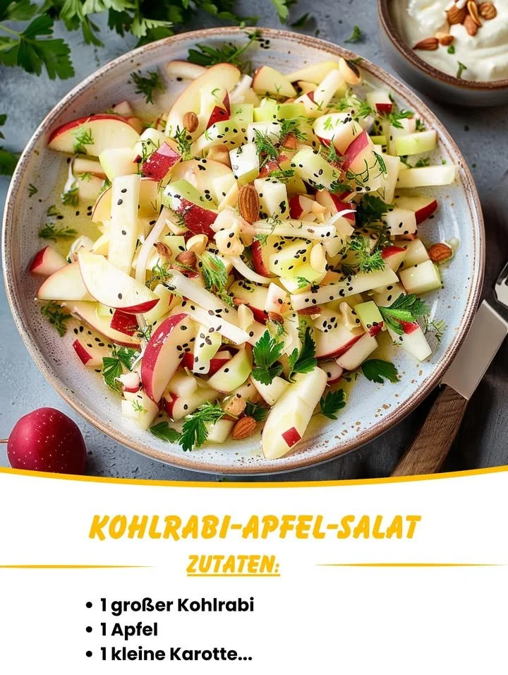 Kohlrabi-Apfel-Salat mit Joghurtdressing in einer Schüssel serviert