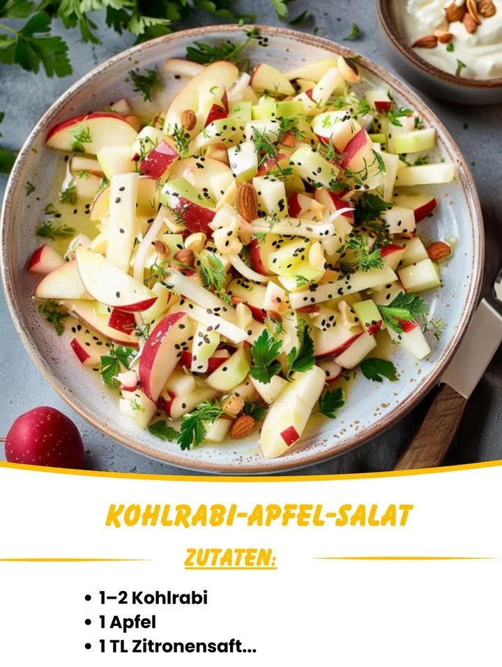 Kohlrabi-Apfel-Salat mit Joghurtdressing auf einem Teller angerichtet