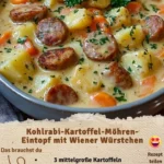 Kohlrabi-Kartoffel-Möhren-Eintopf mit Wiener Würstchen in einer Schüssel