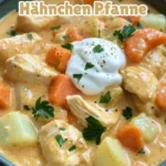 Cremige Kohlrabi-Möhren-Hähnchen-Pfanne auf einem Teller serviert.