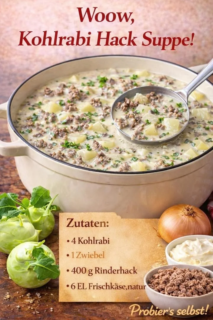 Kohlrabi Suppe serviert mit frischen Kräutern in einer Schüssel.