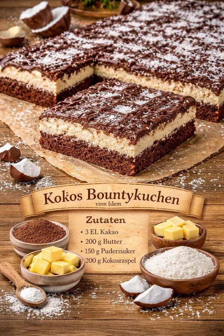 Kokos Bountykuchen vom Blech geschnitten und präsentiert auf einem Tisch