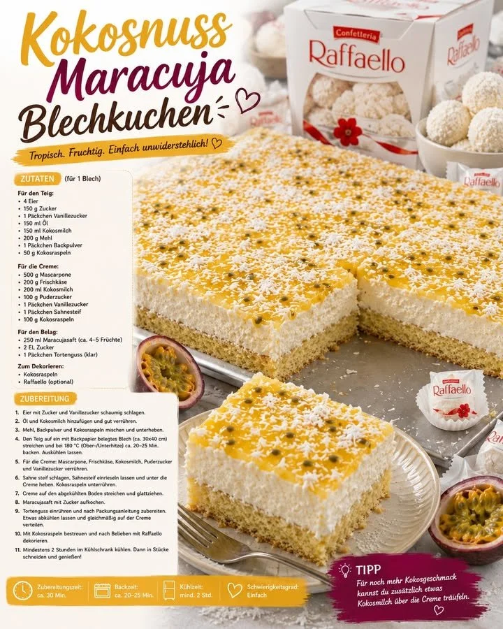 Köstlicher Kokosnuss-Maracuja-Blechkuchen auf einem rustikalen Tisch
