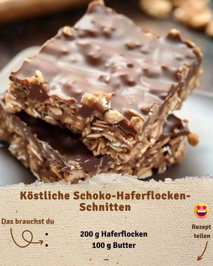 Schoko-Haferflocken-Schnitten auf einem Teller mit Schokoladendekoration