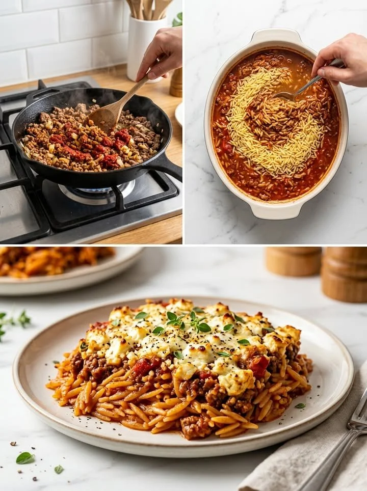 Kritharaki-Auflauf mit Hackfleisch und Feta aus dem Ofen