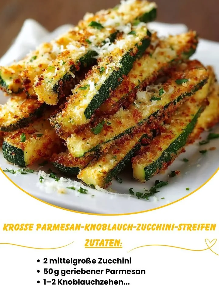 Krosse Parmesan-Knoblauch-Zucchini-Streifen auf einem Teller serviert