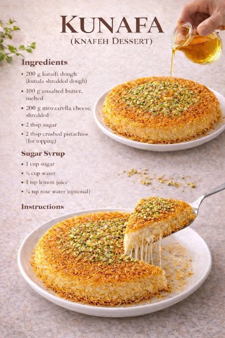 Ein köstliches Stück Kunafa-Dessert auf einem Teller, garniert mit Pistazien.
