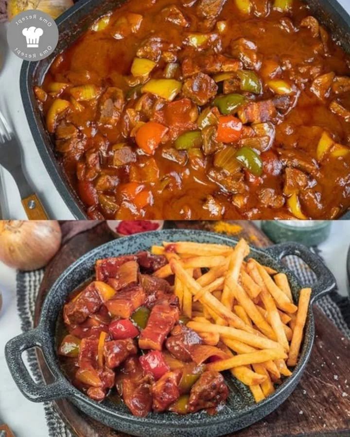 Leckerer Schaschliktopf aus dem Backofen mit saftigen Fleischstücken und Gemüse
