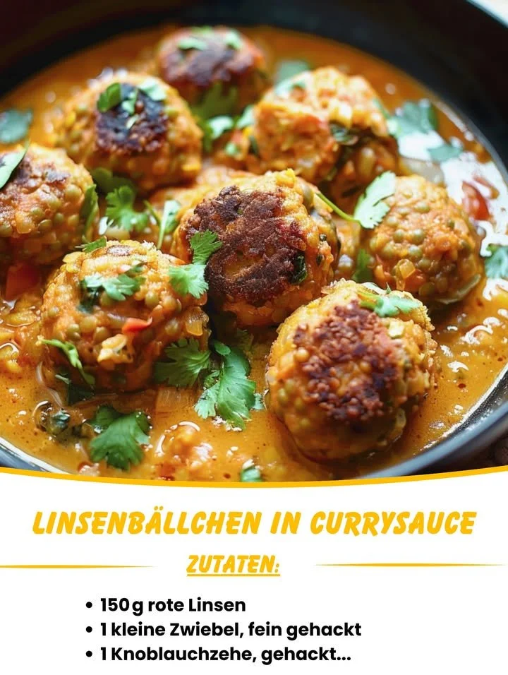Linsenbällchen in Currysauce auf einem Teller serviert