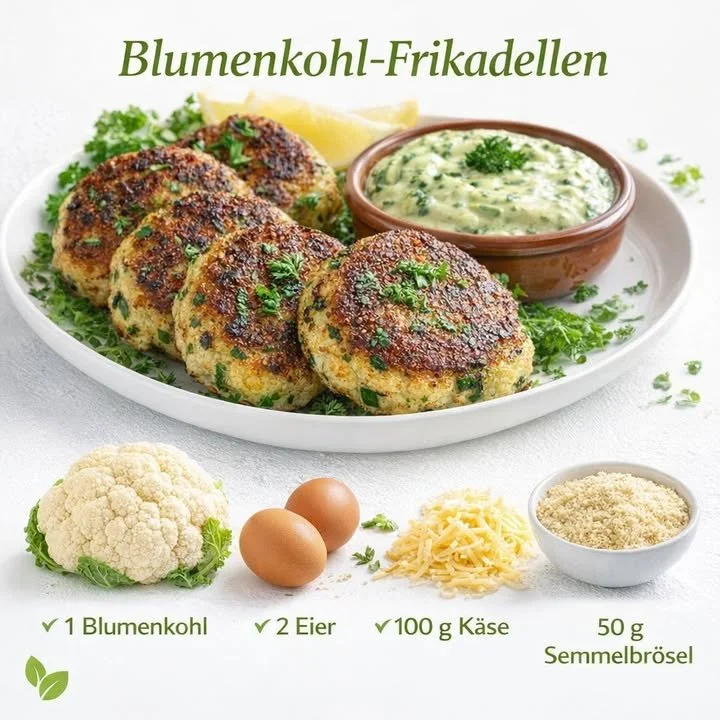 Leckere Low Carb Blumenkohl Frikadellen auf einem Teller serviert