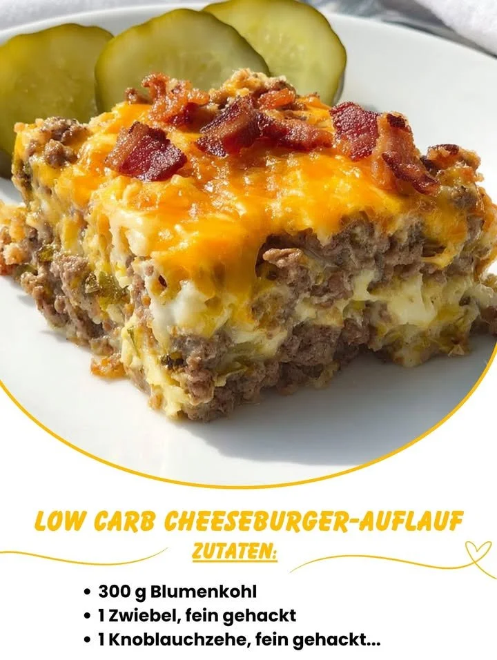 Low Carb Cheeseburger Casserole in einer Auflaufform serviert.