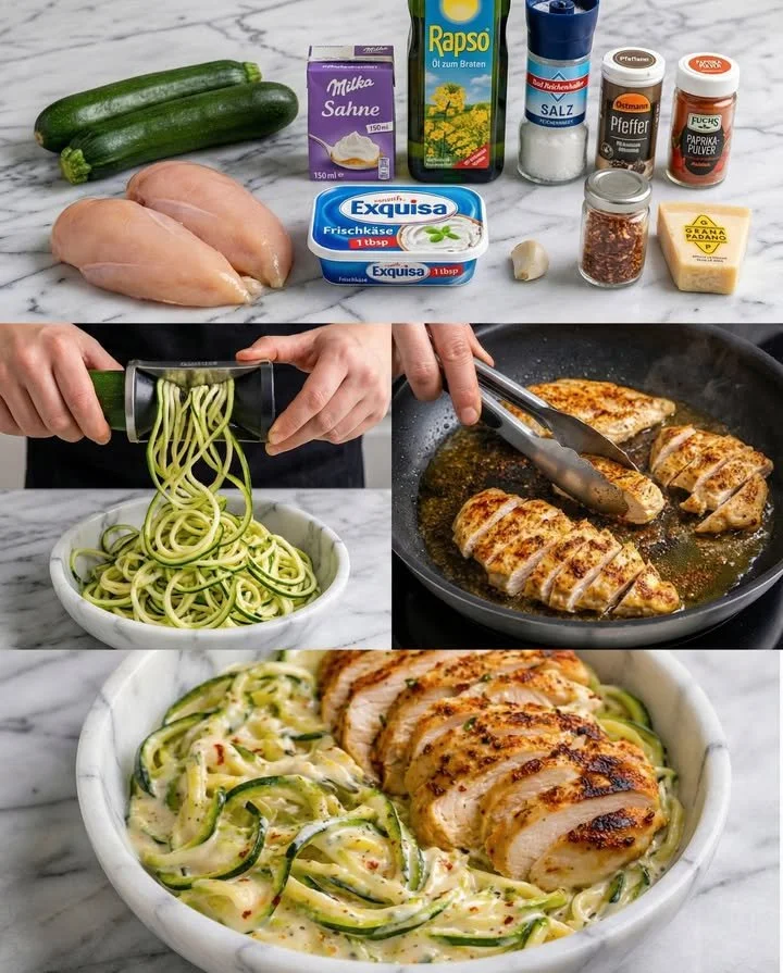 Leckere Low-Carb Hähnchenbrust mit cremigen Zucchini-Nudeln auf einem Teller.