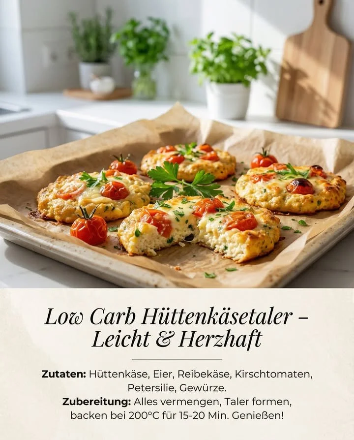Leckere Low Carb Hüttenkäsetaler auf einem Teller angerichtet