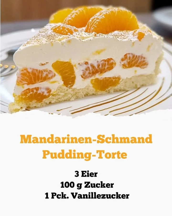 Leckere Mandarinen Torte mit frischen Mandarinen auf einem weißen Teller