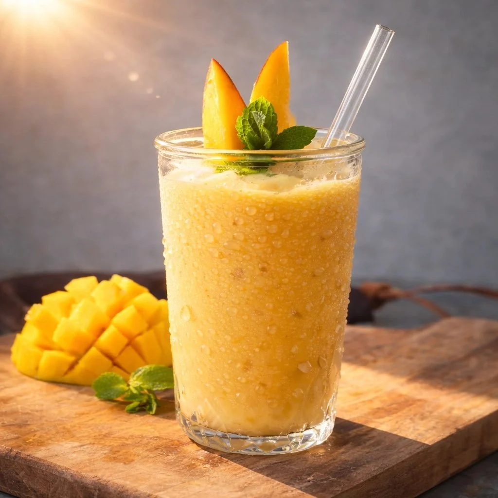 Erfrischender Mango Glow Smoothie in einem Glas mit frischen Mangos.