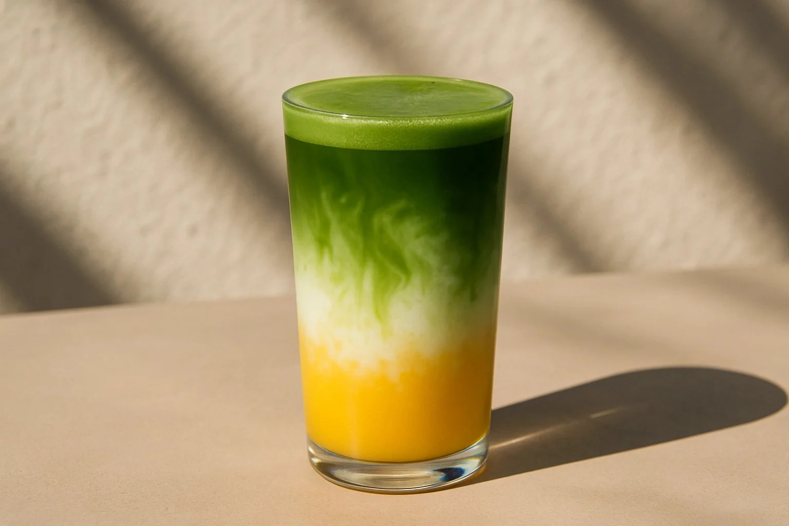 Köstliches Mango Matcha Getränk mit frischen Mangostückchen und Matcha-Pulver