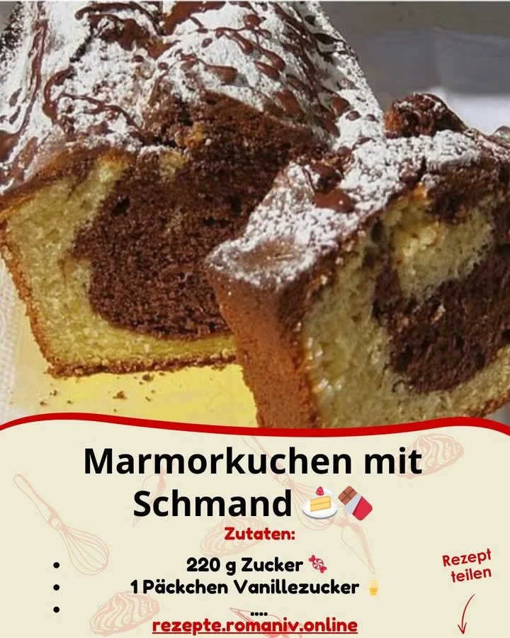 Leckerer Marmorkuchen mit Schmand auf einem Teller serviert