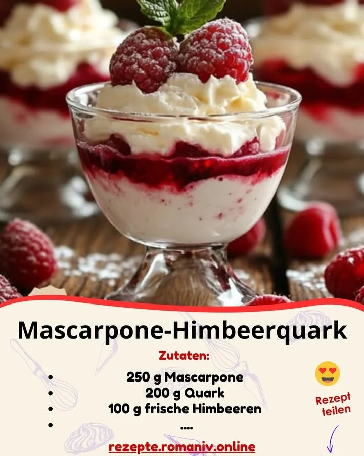 Schüssel mit Mascarpone-Himbeerquark, dekoriert mit frischen Himbeeren