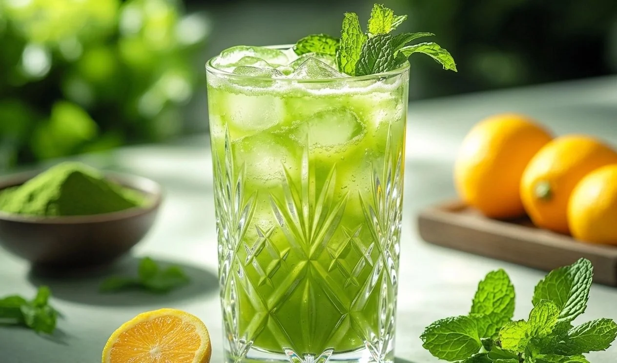 Erfrischender Matcha Yuzu Spritz mit Matcha und Yuzu-Zitrone