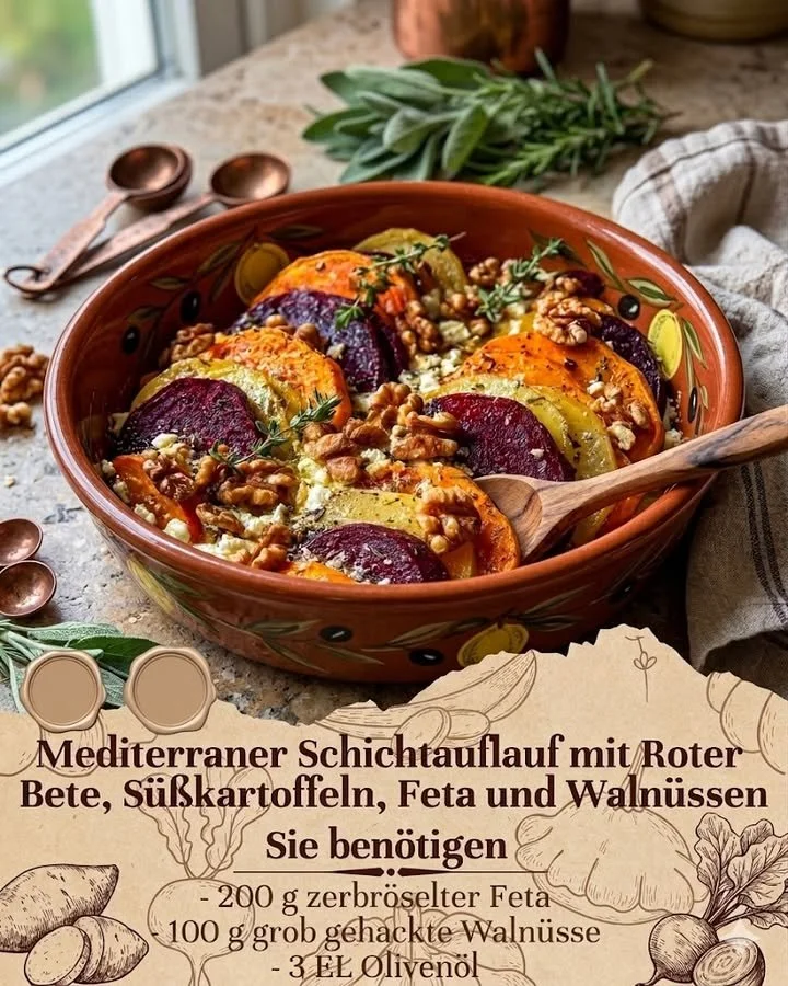 Mediterranean Layer Bake mit Rote Bete, Süßkartoffeln, Feta und Walnüssen im Auflauf