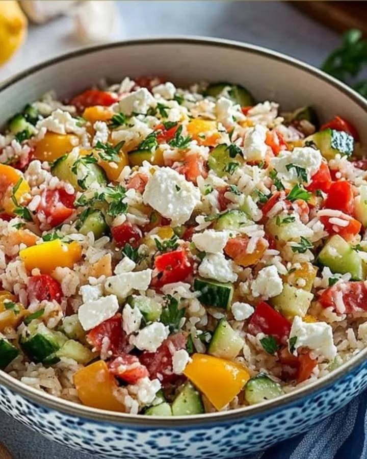 Mediterraner Reissalat mit Feta und frischem Gemüse auf einem Teller