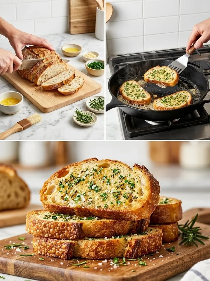 Frisches Pfannenbrot mit Kräutern auf einem Holzbrett serviert