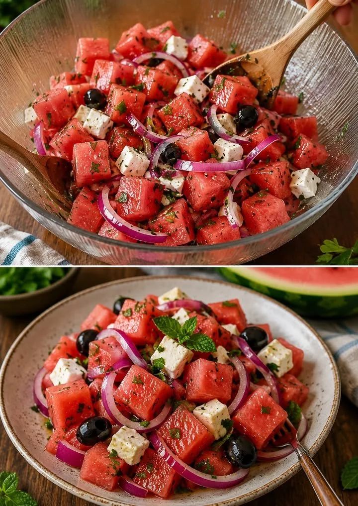 Leckerer Melonensalat mit frischen Zutaten auf einem Teller