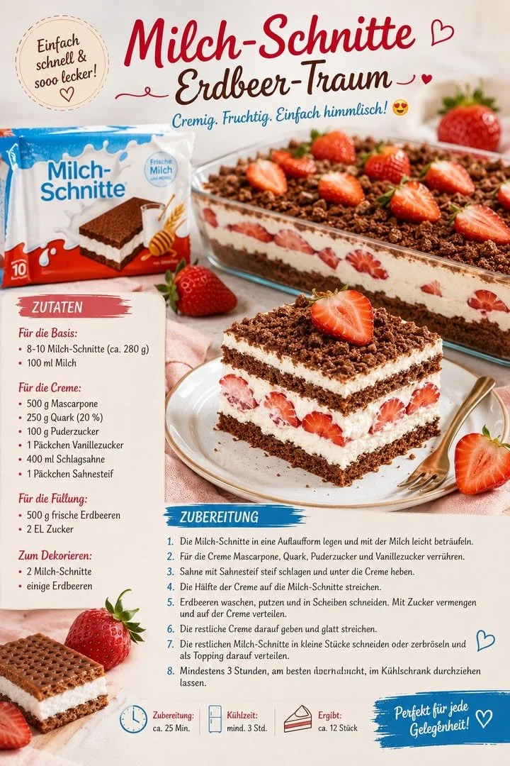 Milch-Schnitte Erdbeer-Traum mit frischen Erdbeeren auf einem Teller