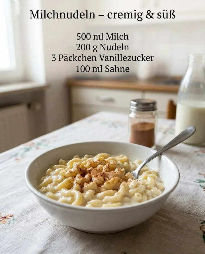 Ein Teller mit frisch zubereiteten Milchnudeln garniert mit Kräutern.