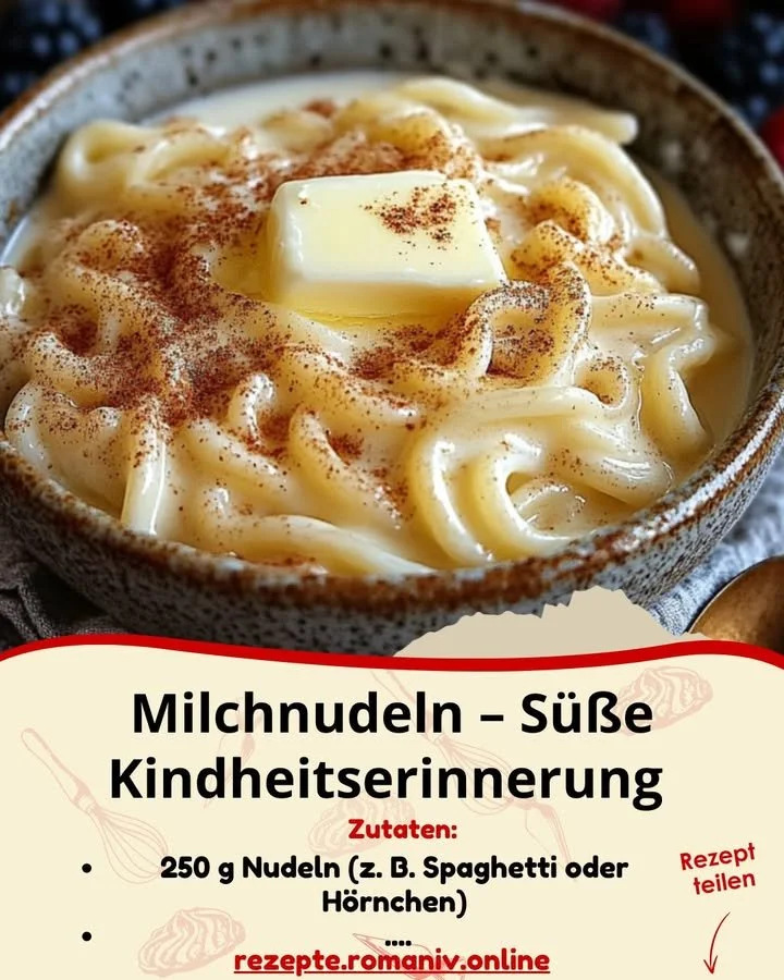 Schüssel mit Milchnudeln, ein süßes Gericht aus der Kindheit.