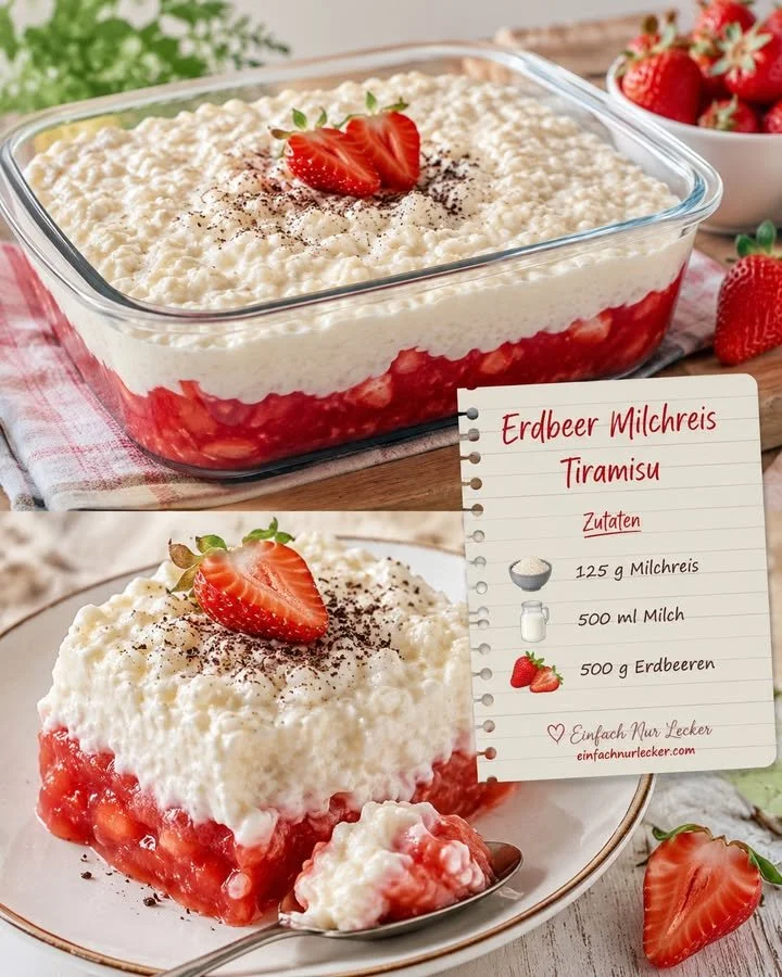 Schüssel mit Milchreis und frischen Erdbeeren als leckeres Dessert