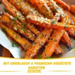 Geröstete Karotten mit Knoblauch und Parmesan auf einem Teller.