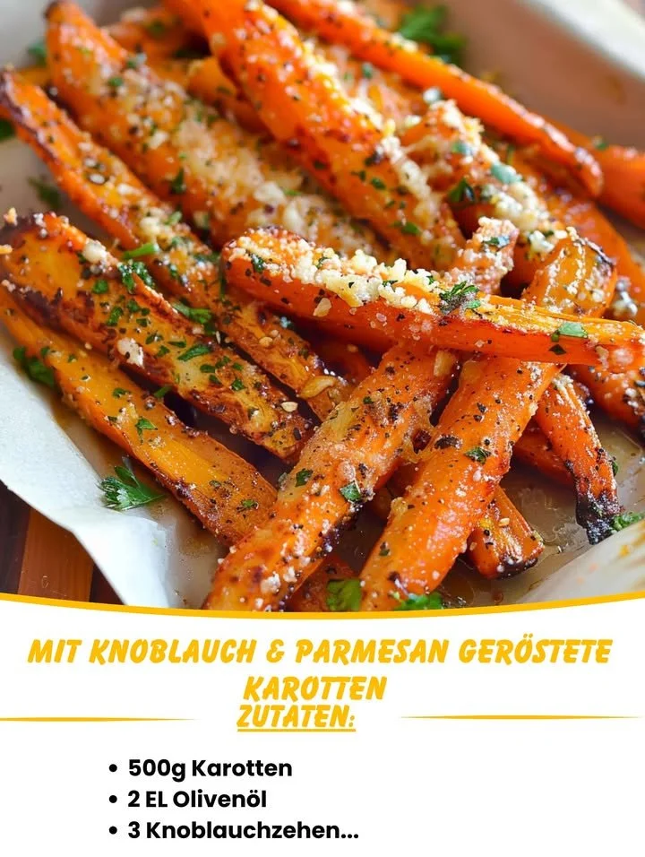 Geröstete Karotten mit Knoblauch und Parmesan auf einem Teller.
