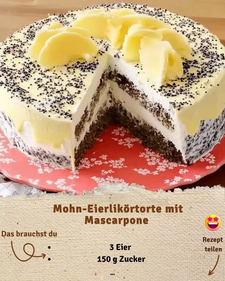 Mohn-Eierlikörtorte mit Mascarpone auf einem eleganten Teller