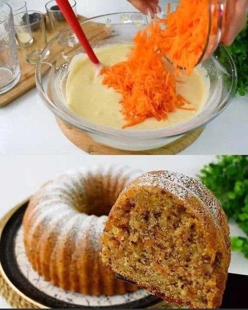 Möhrenkuchen mit Mandeln auf einem weißen Teller dekoriert