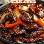 Mongolian Beef mit Paprika und Zwiebeln auf einem Teller serviert