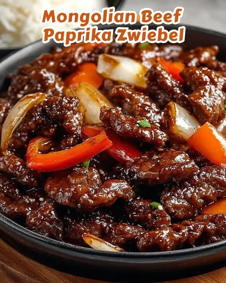 Mongolian Beef mit Paprika und Zwiebeln auf einem Teller serviert